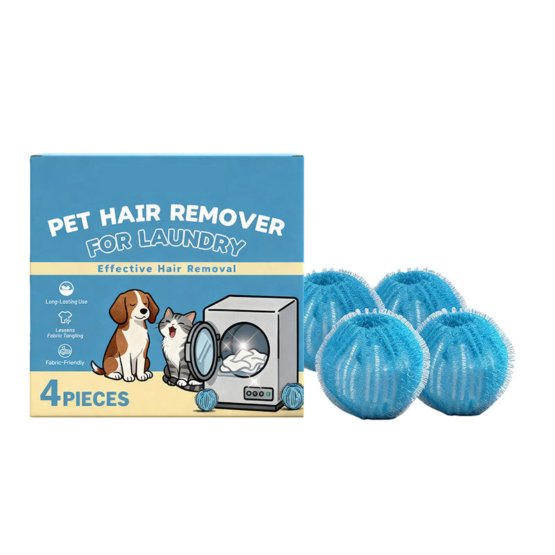 Four blue pet hair remover laundry balls with retail package
