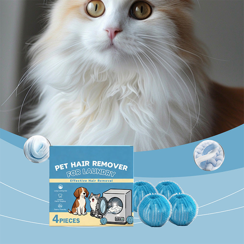 Blue laundry balls and their four-piece package beside a cat
